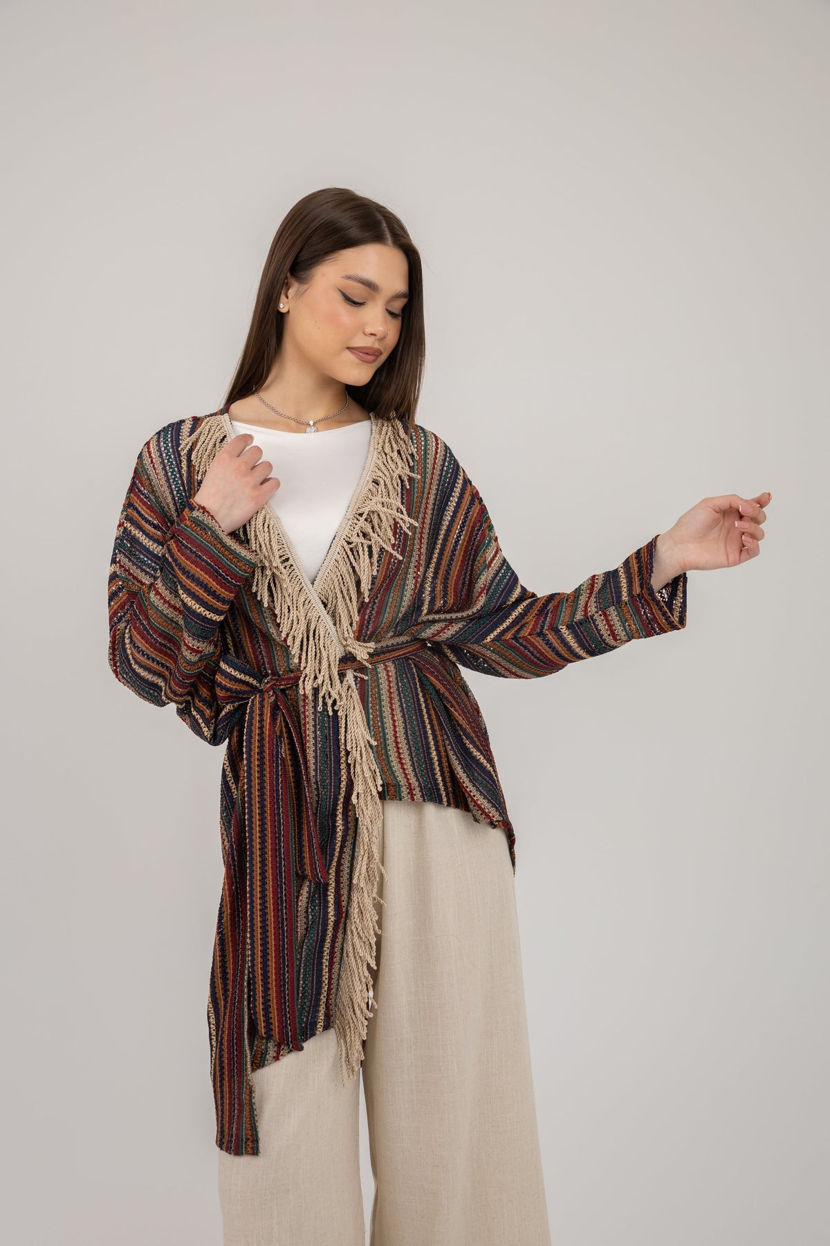 Net cardigan with cotton fringes