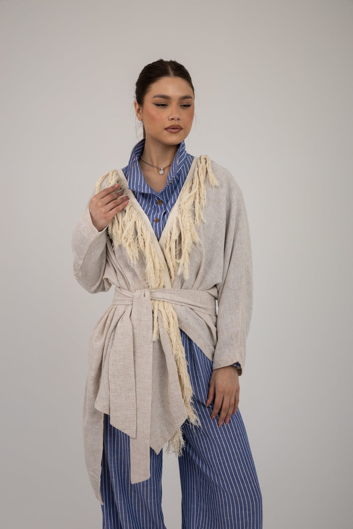 Net cardigan with cotton fringes